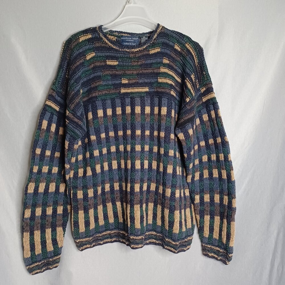 Northern Isles Sweater Mens L Multi Color Knitted by Hand Thick Cable Fisherman